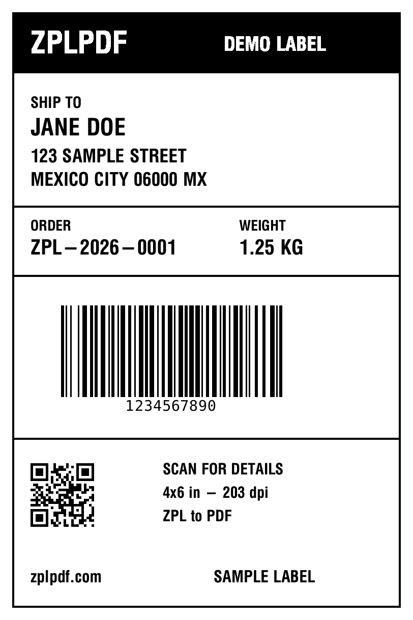 4×6-inch shipping label rendered from the sample ZPL code