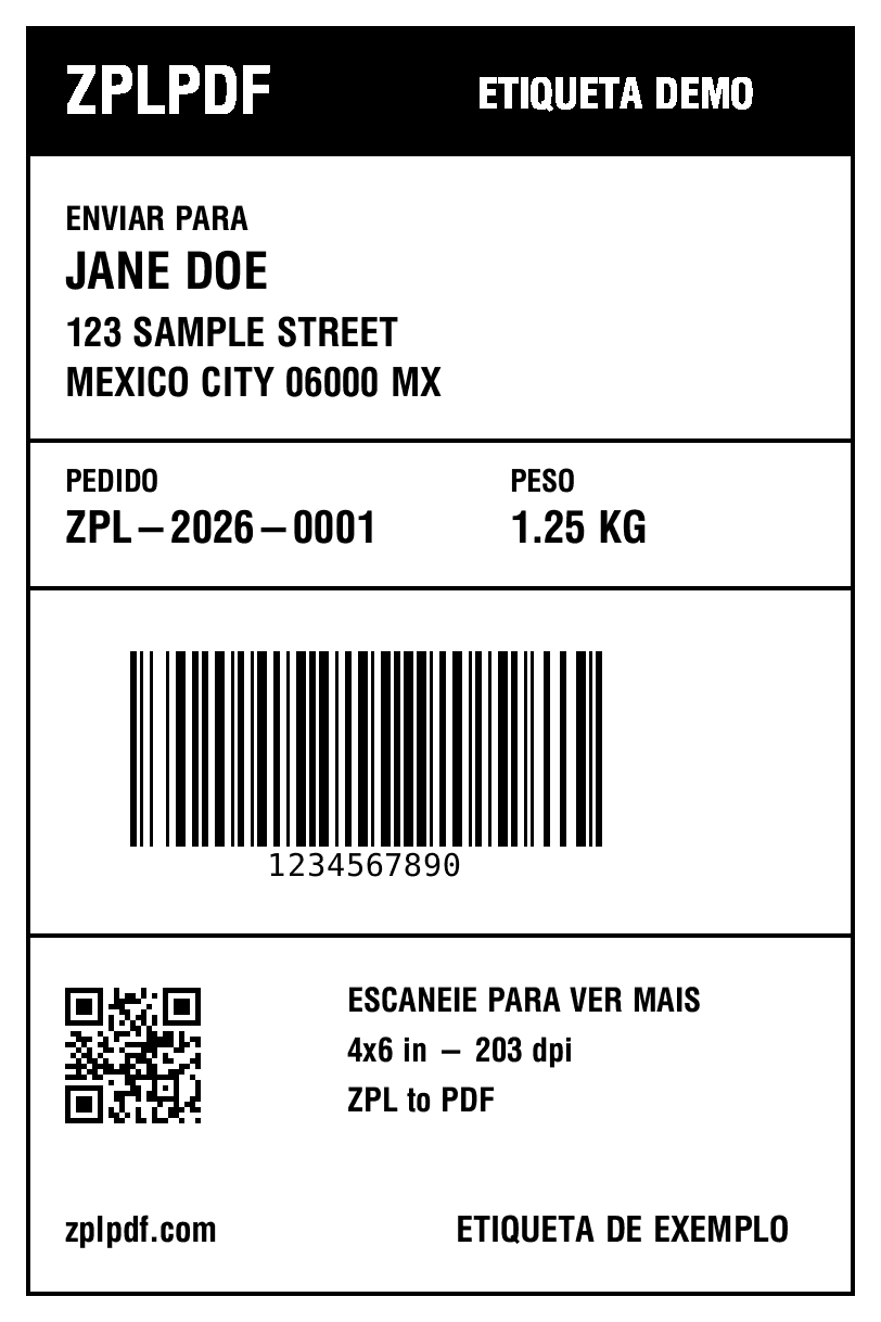 Etiqueta de envio de 4×6 polegadas gerada a partir do código ZPL de exemplo
